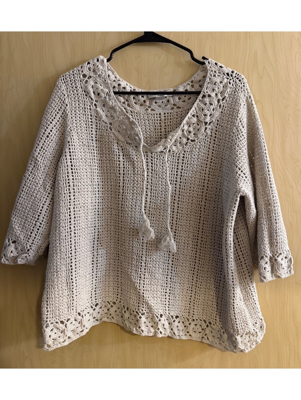 C.j banks beige crochet 3/4 sleeve sweater cotton size 2XL